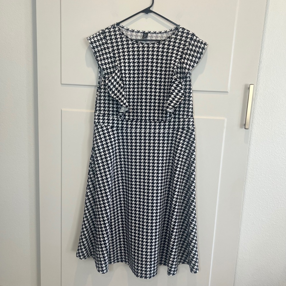 Houndstooth‎ Midi Dress Womens 1X Curvy Ruffle Sleeves A Line Black White